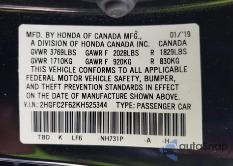 2019 Honda Civic Lx from USA, damaged, VIN 2HGFC2F62KH525344
